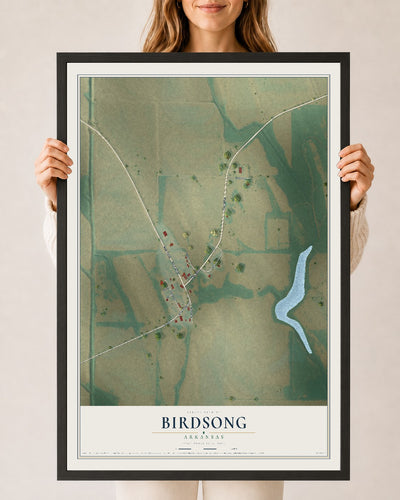 Map of Birdsong, Arkansas, 24 x 36 inch print in a black wood frame