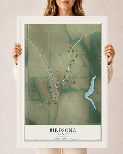 Map of Birdsong, Arkansas, 24 x 36 inch print in a white wood frame