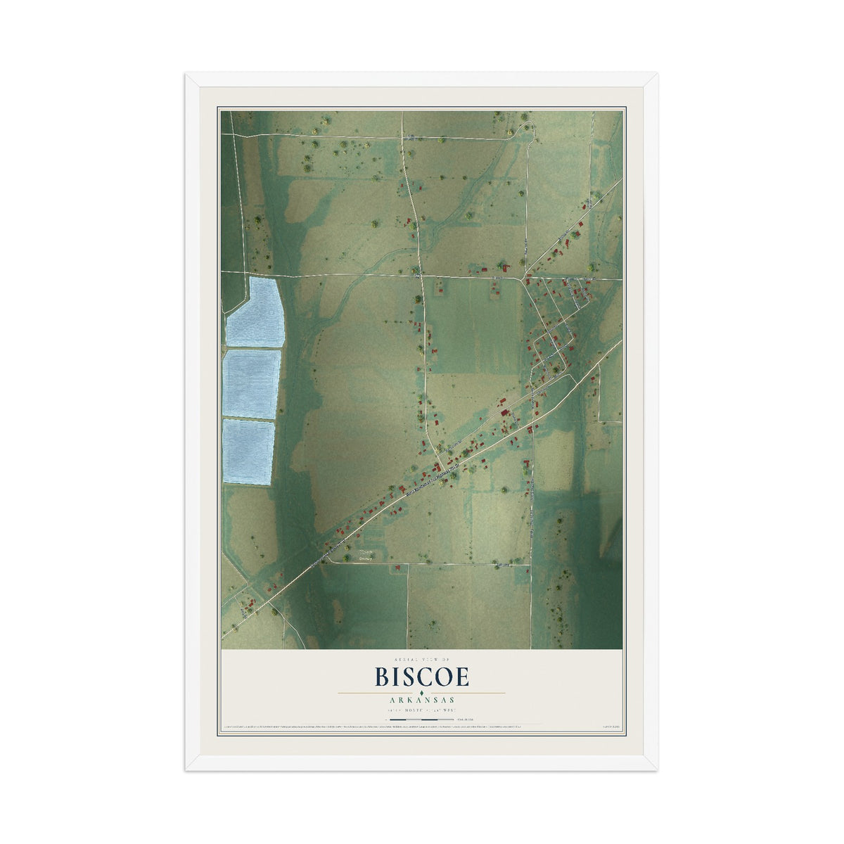 Map of Biscoe, Arkansas, 12 x 18 inch print in a white wood frame