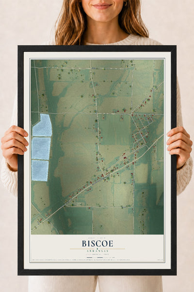 Map of Biscoe, Arkansas, 18 x 24 inch print in a black wood frame