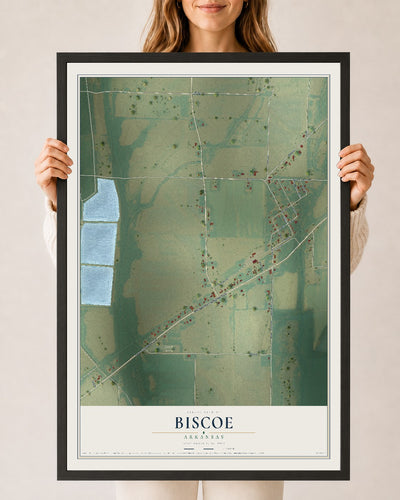 Map of Biscoe, Arkansas, 24 x 36 inch print in a black wood frame