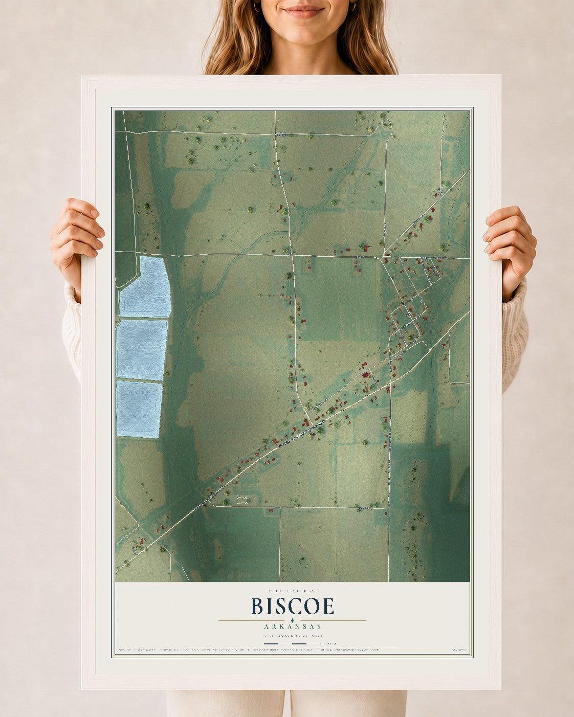 Map of Biscoe, Arkansas, 24 x 36 inch print in a white wood frame