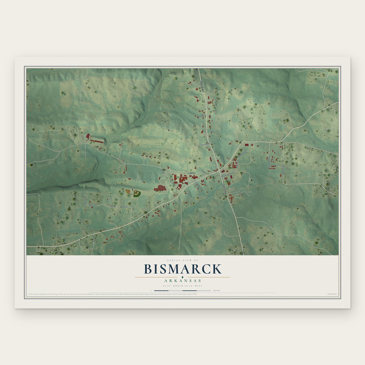 Bismarck, Arkansas map print, the full design