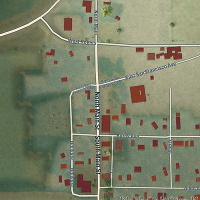 Close-up of the map of Black Oak, Arkansas print showing street and building detail