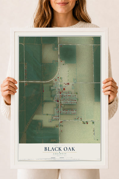 Map of Black Oak, Arkansas, 18 x 24 inch print in a white wood frame