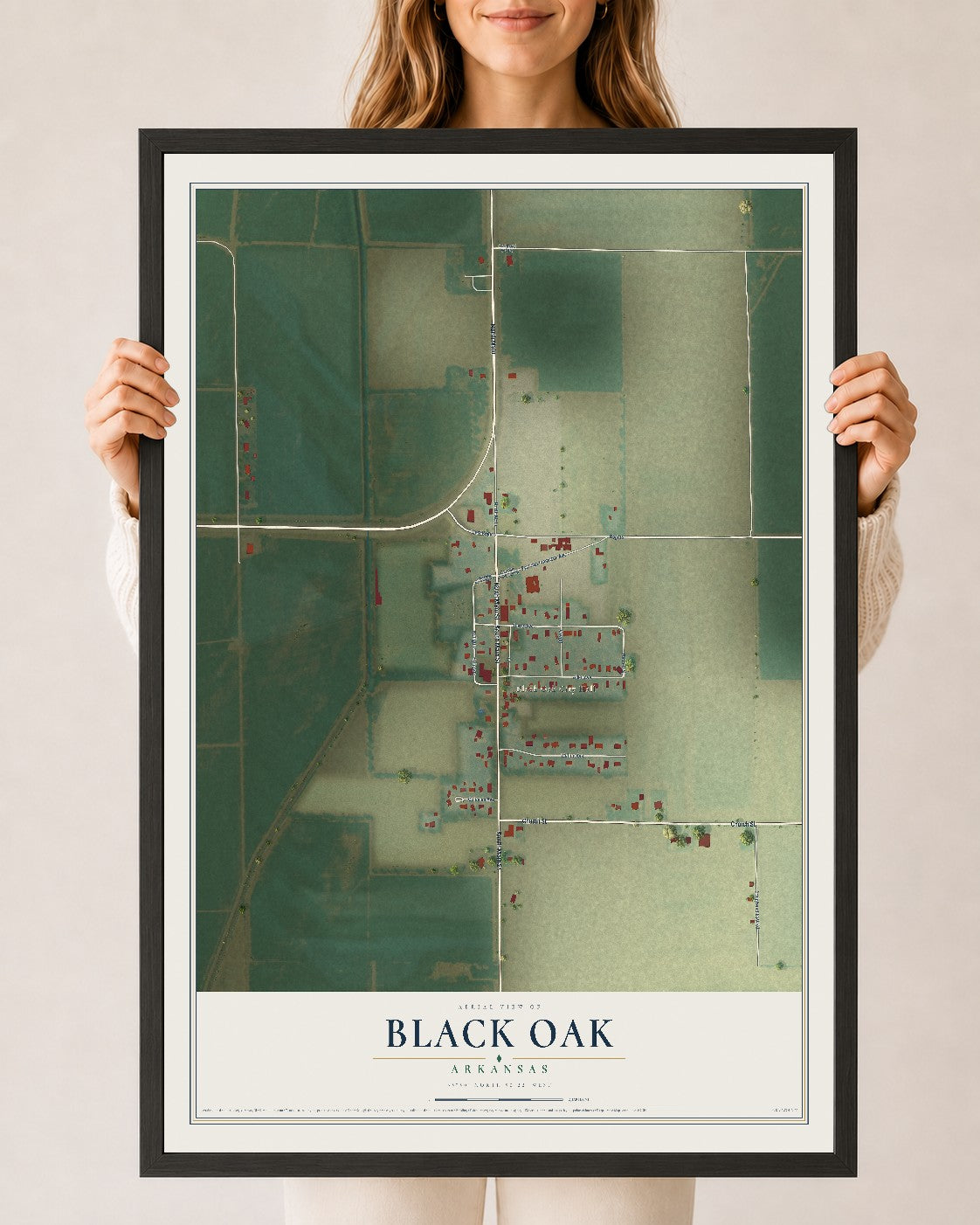Map of Black Oak, Arkansas, 24 x 36 inch print in a black wood frame