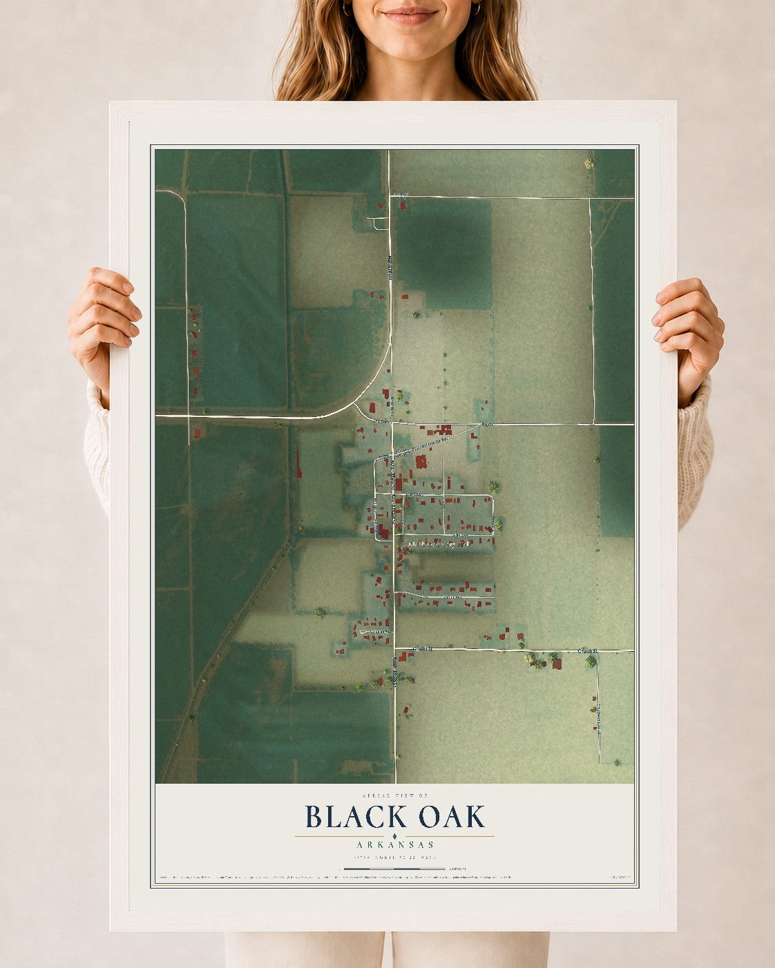 Map of Black Oak, Arkansas, 24 x 36 inch print in a white wood frame