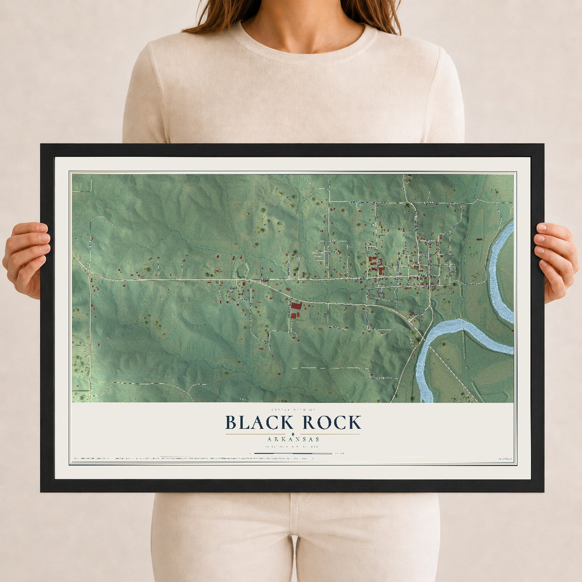 Map of Black Rock, Arkansas, 12 x 18 inch print in a black wood frame