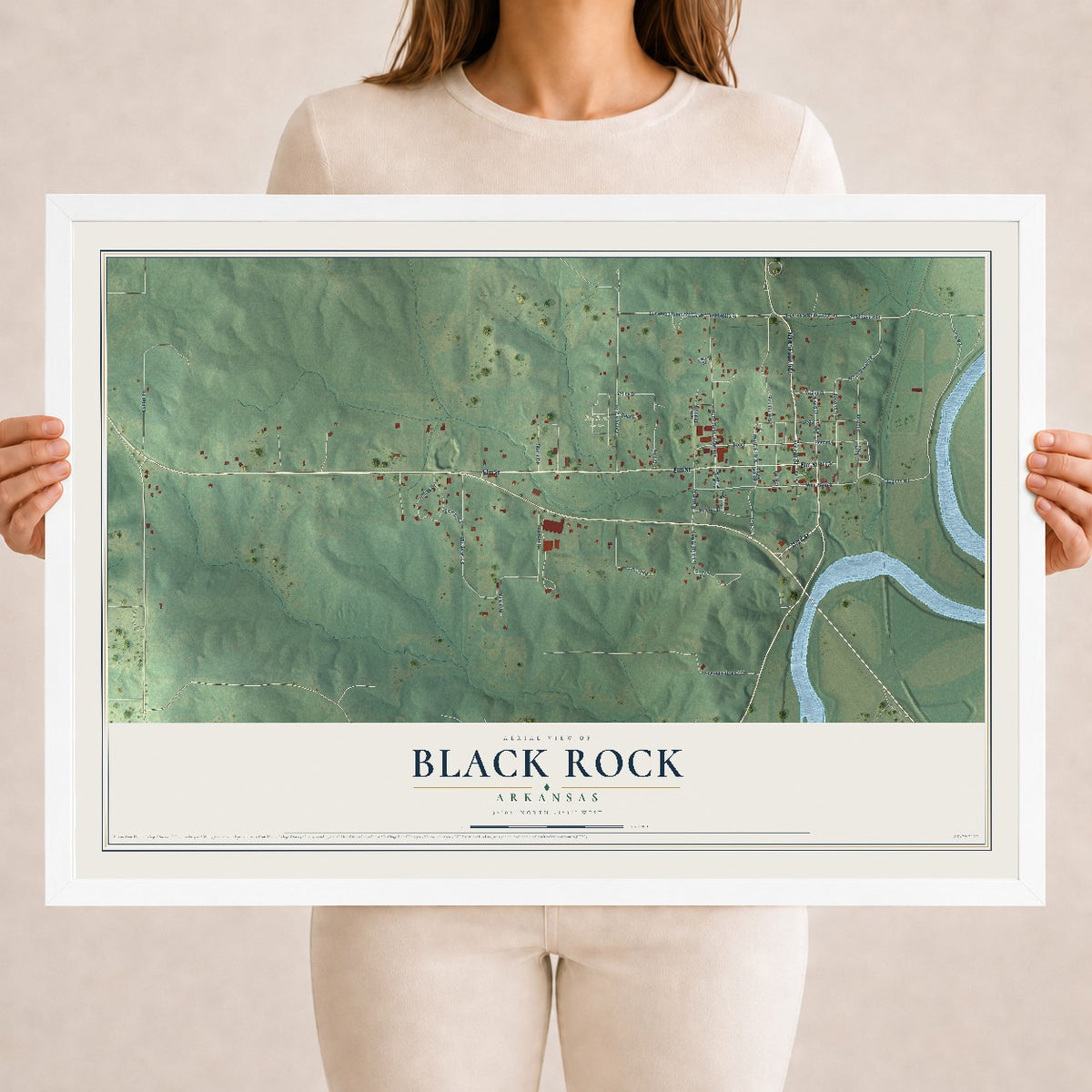 Map of Black Rock, Arkansas, 18 x 24 inch print in a white wood frame