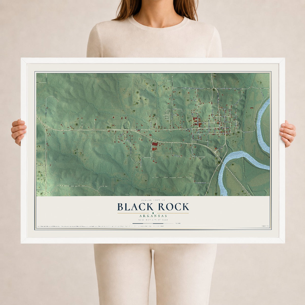 Map of Black Rock, Arkansas, 24 x 36 inch print in a white wood frame