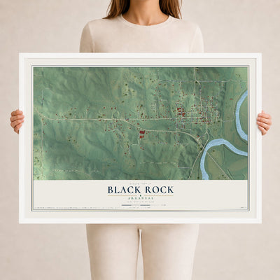 Map of Black Rock, Arkansas, 24 x 36 inch print in a white wood frame