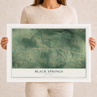 Map of Black Springs, Arkansas, 12 x 18 inch print in a white wood frame