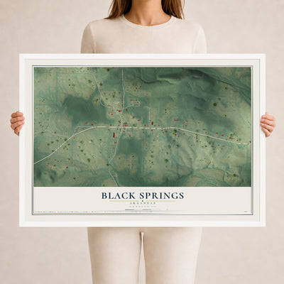 Map of Black Springs, Arkansas, 24 x 36 inch print in a white wood frame