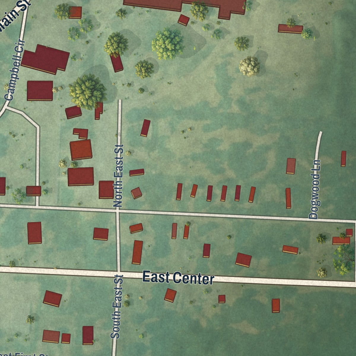 Second close-up of the map of Blevins, Arkansas print showing more streets and buildings