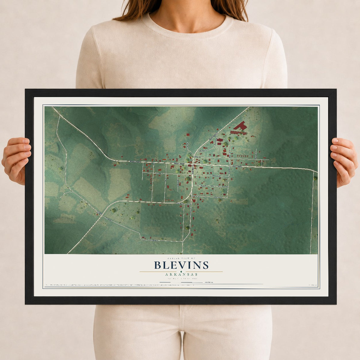 Map of Blevins, Arkansas, 12 x 18 inch print in a black wood frame