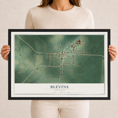 Map of Blevins, Arkansas, 12 x 18 inch print in a black wood frame