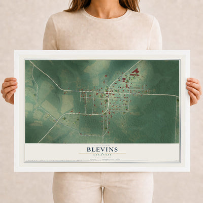Map of Blevins, Arkansas, 12 x 18 inch print in a white wood frame