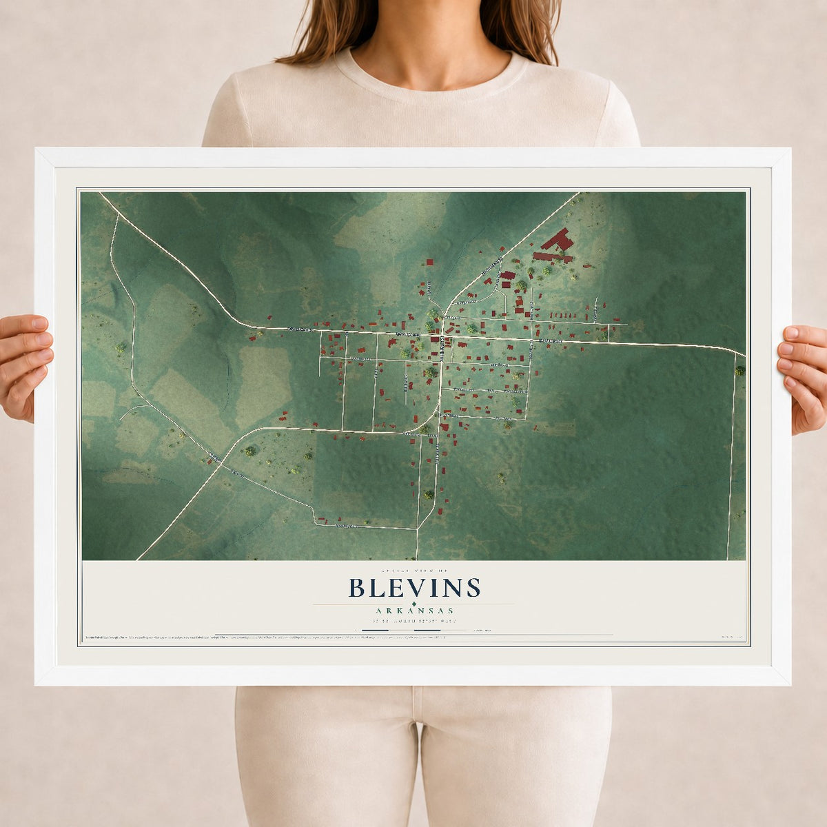 Map of Blevins, Arkansas, 18 x 24 inch print in a white wood frame
