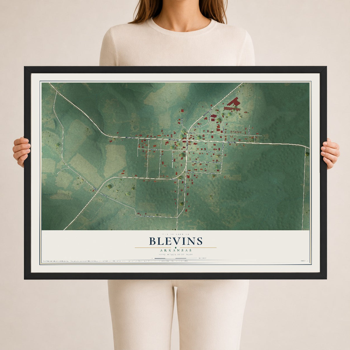 Map of Blevins, Arkansas, 24 x 36 inch print in a black wood frame