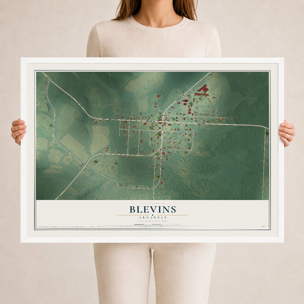 Map of Blevins, Arkansas, 24 x 36 inch print in a white wood frame