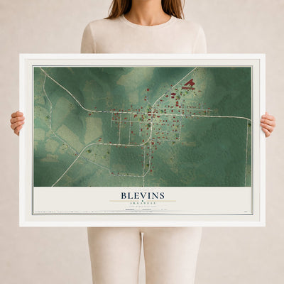 Map of Blevins, Arkansas, 24 x 36 inch print in a white wood frame