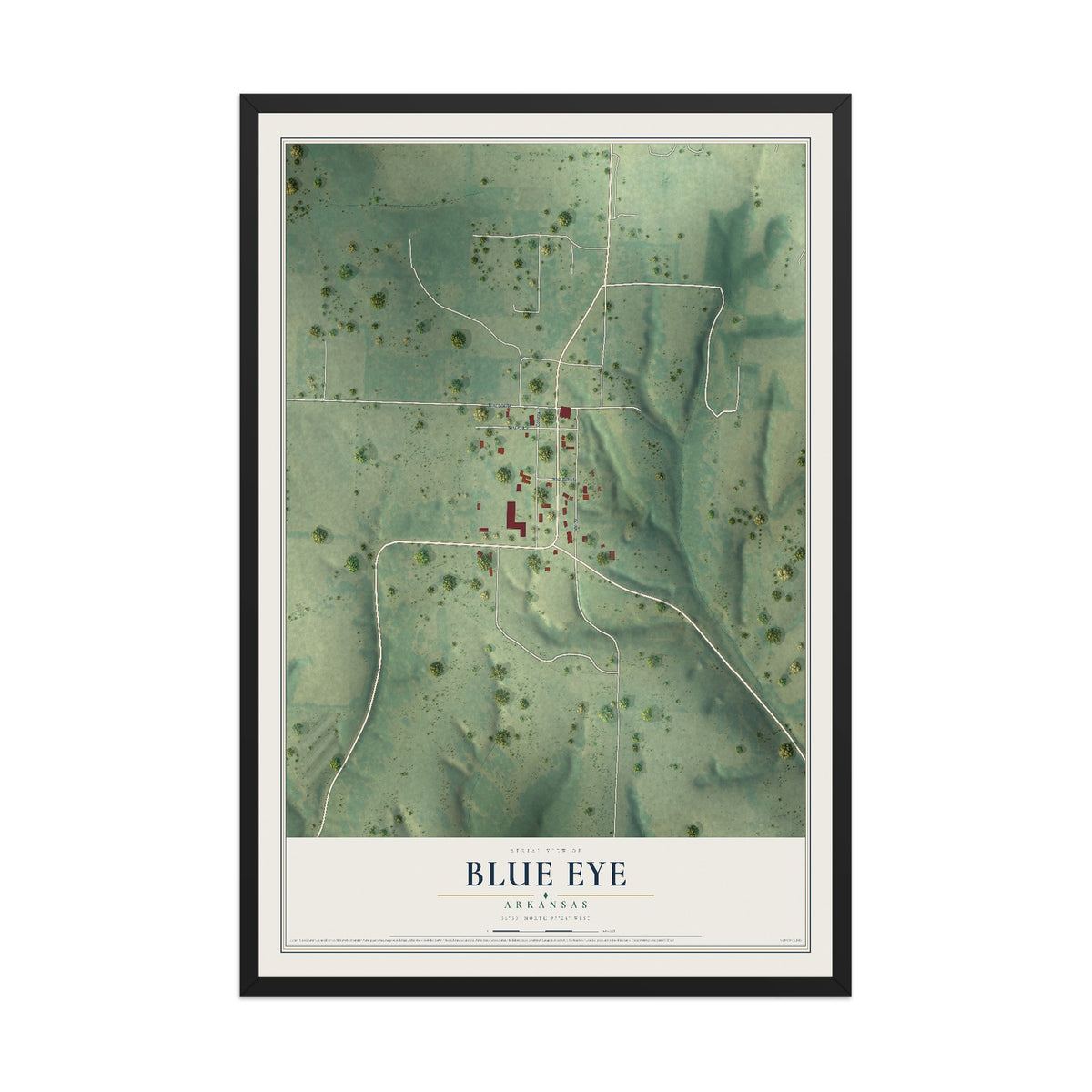 Map of Blue Eye, Arkansas, 12 x 18 inch print in a black wood frame