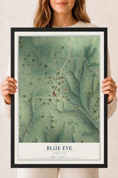 Map of Blue Eye, Arkansas, 18 x 24 inch print in a black wood frame