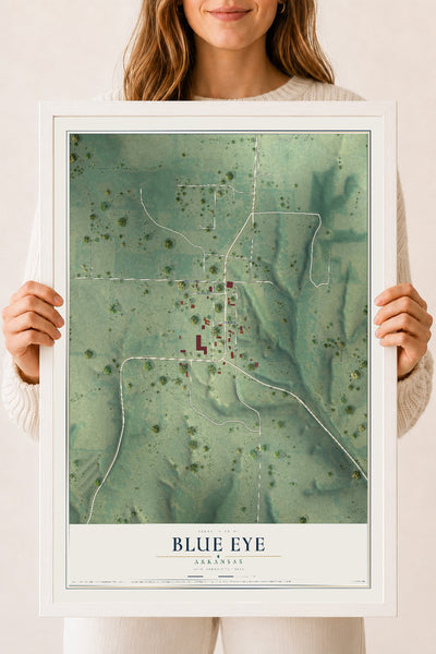 Map of Blue Eye, Arkansas, 18 x 24 inch print in a white wood frame