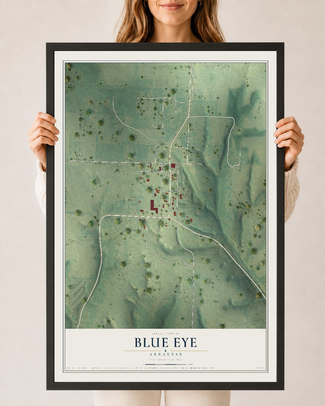 Map of Blue Eye, Arkansas, 24 x 36 inch print in a black wood frame