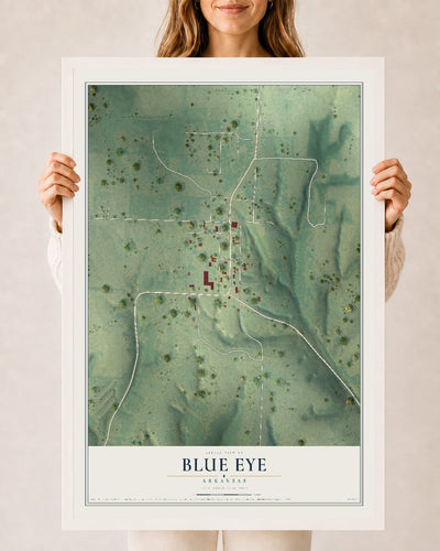 Map of Blue Eye, Arkansas, 24 x 36 inch print in a white wood frame