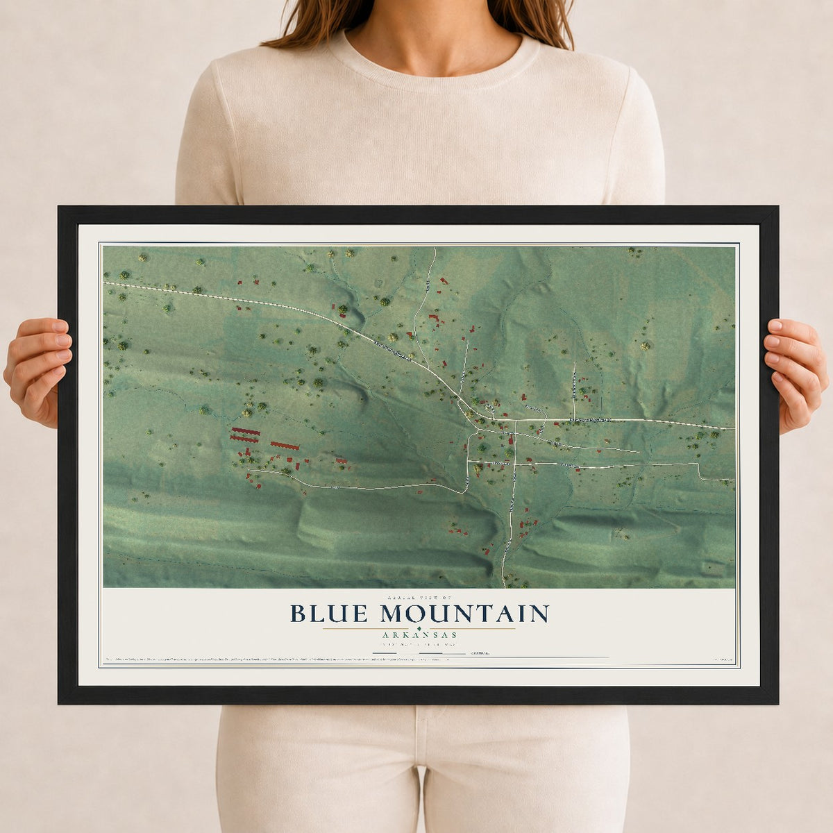 Map of Blue Mountain, Arkansas, 12 x 18 inch print in a black wood frame