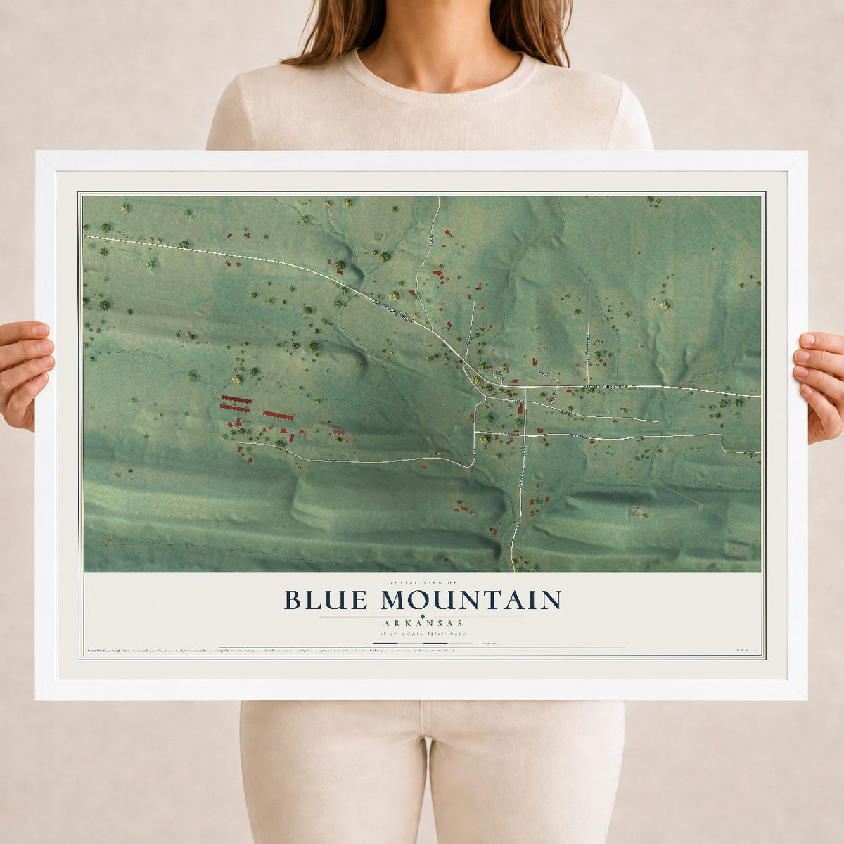 Map of Blue Mountain, Arkansas, 18 x 24 inch print in a white wood frame