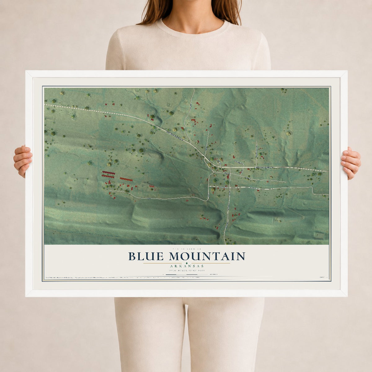 Map of Blue Mountain, Arkansas, 24 x 36 inch print in a white wood frame