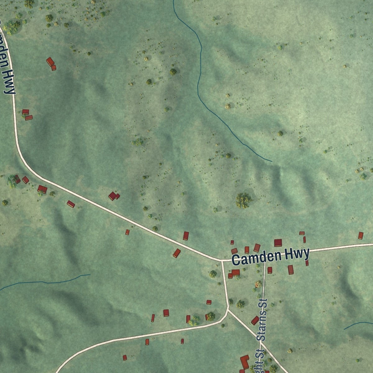 Close-up of the map of Bluff City, Arkansas print showing street and building detail