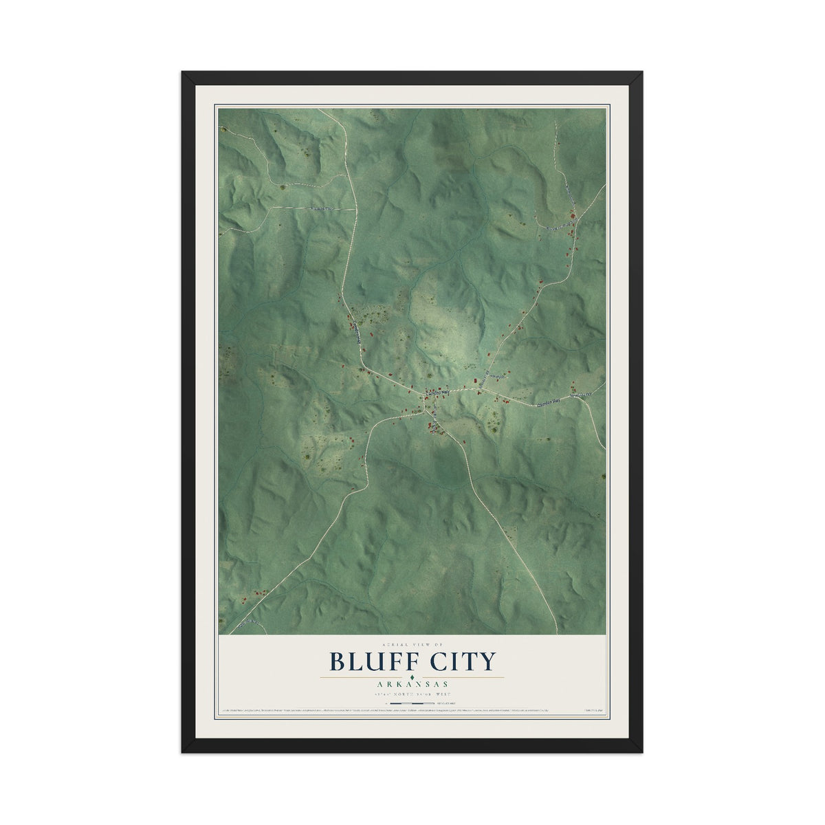 Map of Bluff City, Arkansas, 12 x 18 inch print in a black wood frame