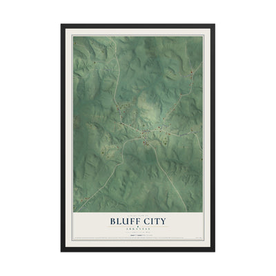 Map of Bluff City, Arkansas, 12 x 18 inch print in a black wood frame