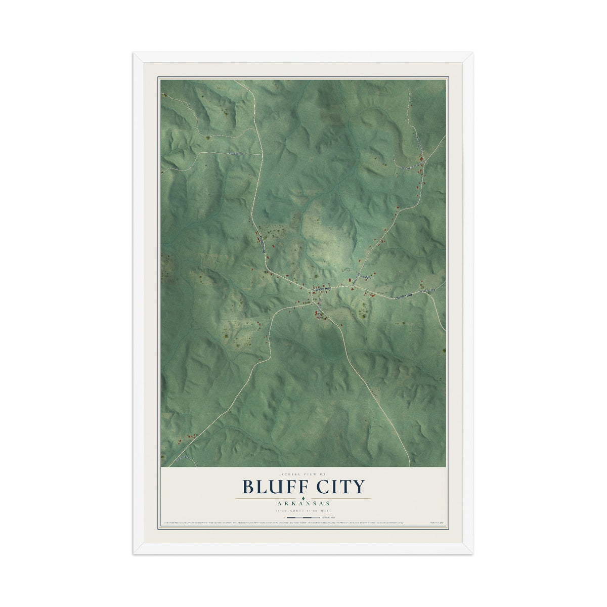 Map of Bluff City, Arkansas, 12 x 18 inch print in a white wood frame