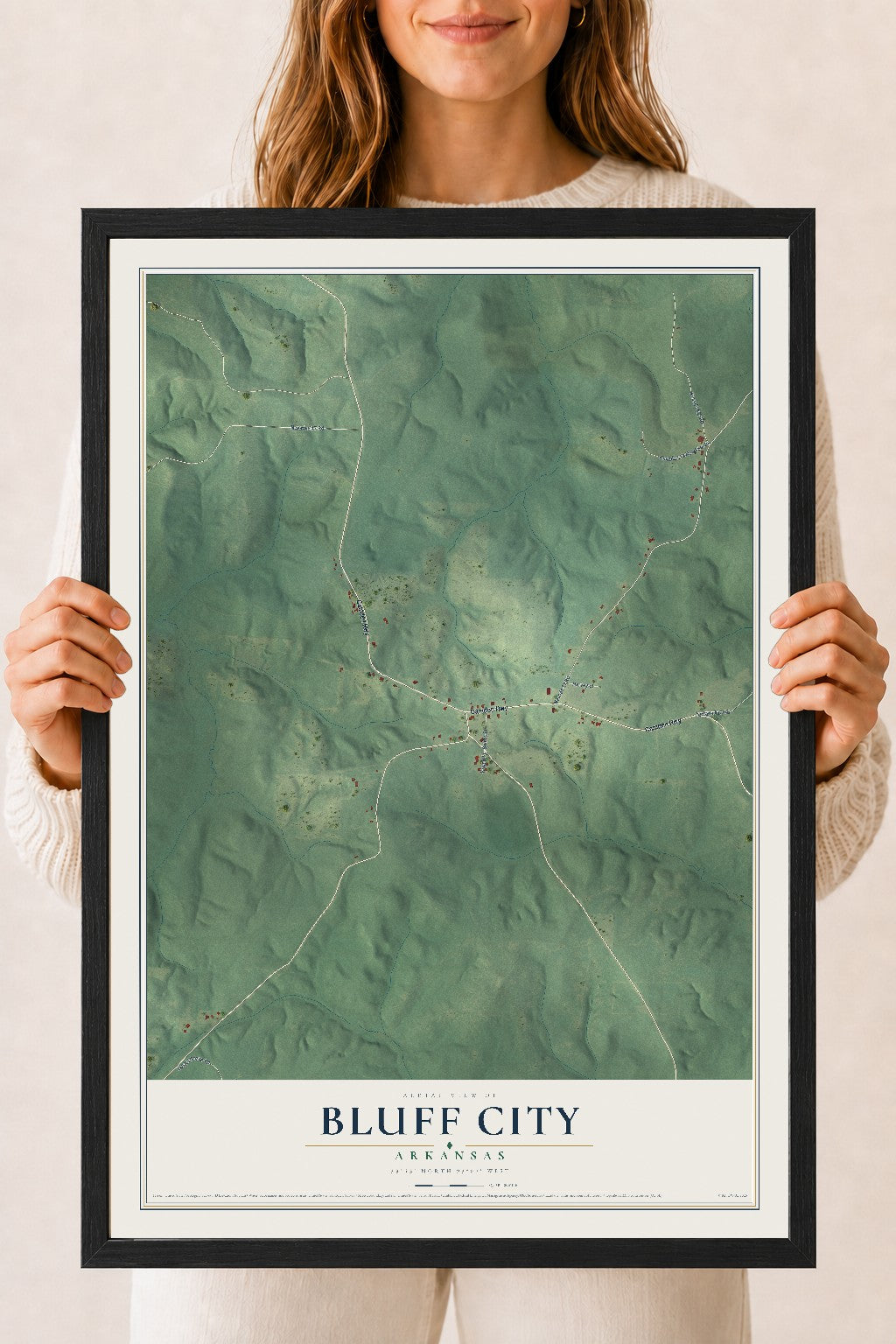 Map of Bluff City, Arkansas, 18 x 24 inch print in a black wood frame