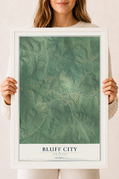 Map of Bluff City, Arkansas, 18 x 24 inch print in a white wood frame