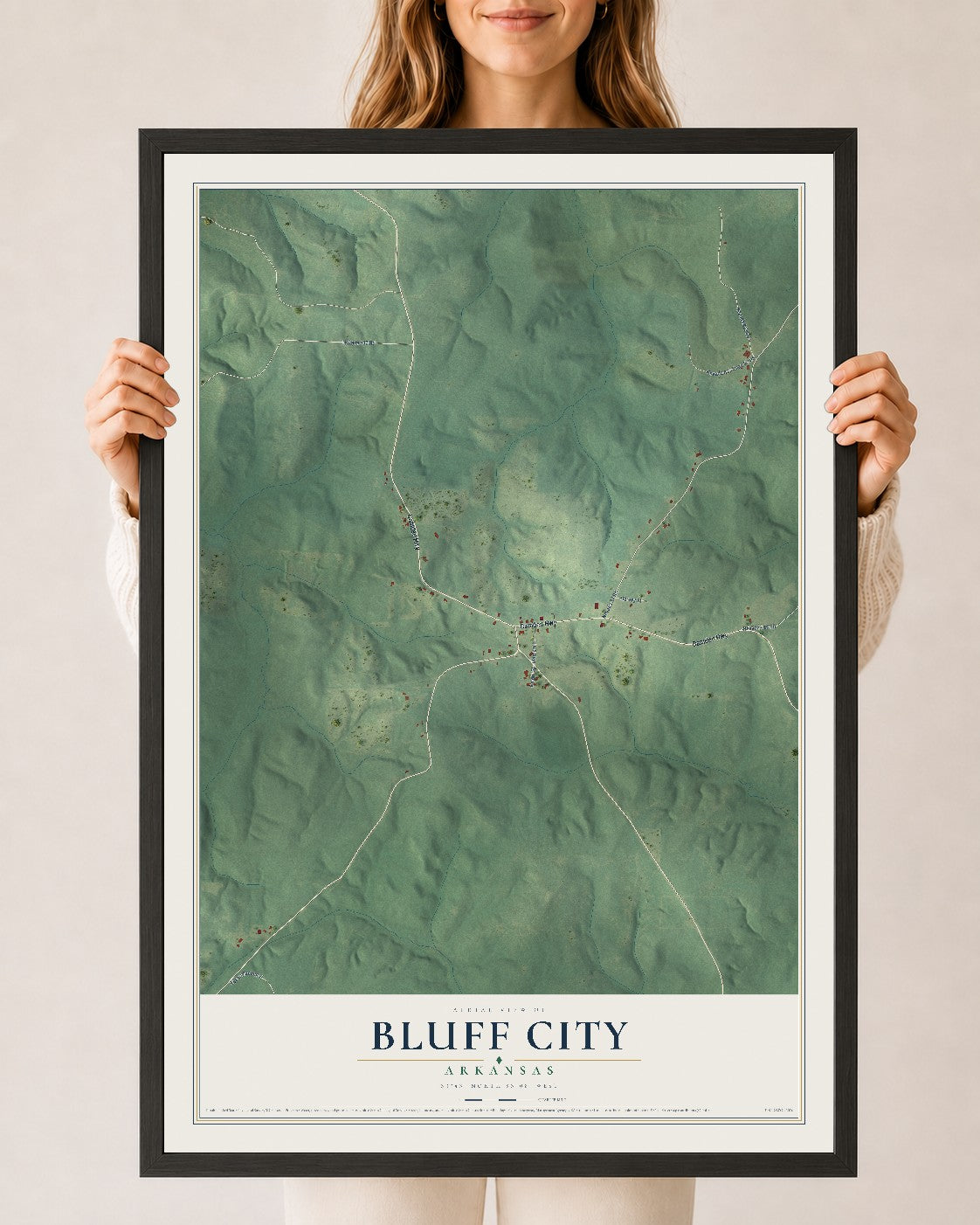 Map of Bluff City, Arkansas, 24 x 36 inch print in a black wood frame
