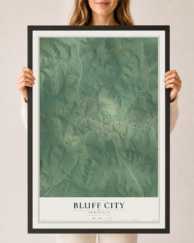 Map of Bluff City, Arkansas, 24 x 36 inch print in a black wood frame