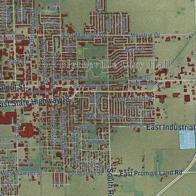 Close-up of the map of Blytheville, Arkansas print showing street and building detail