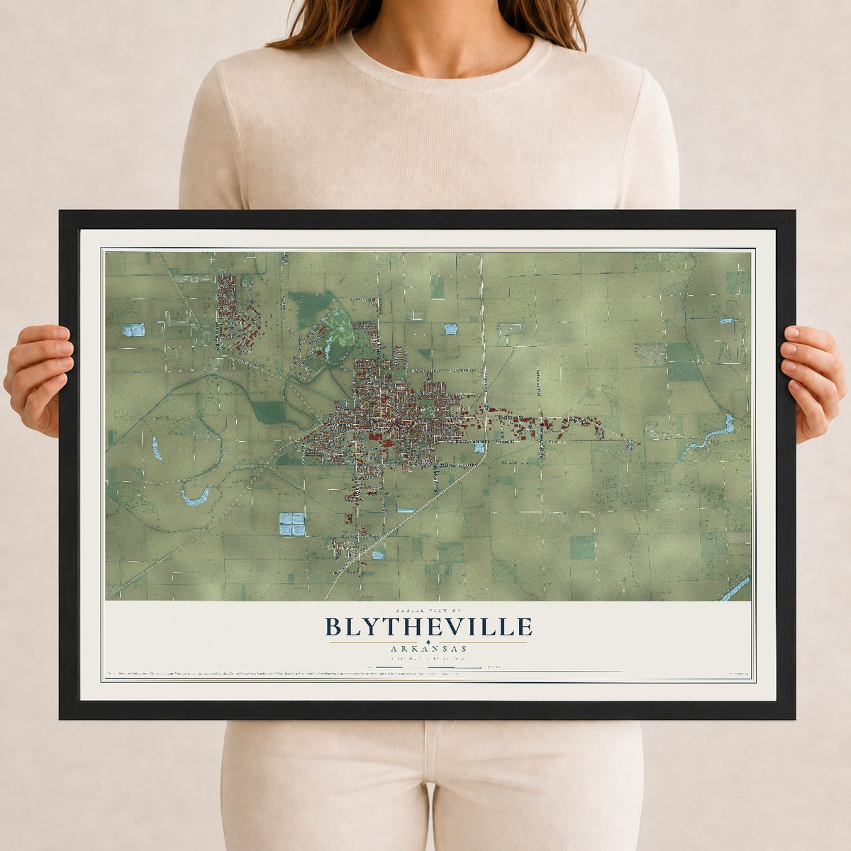 Map of Blytheville, Arkansas, 12 x 18 inch print in a black wood frame