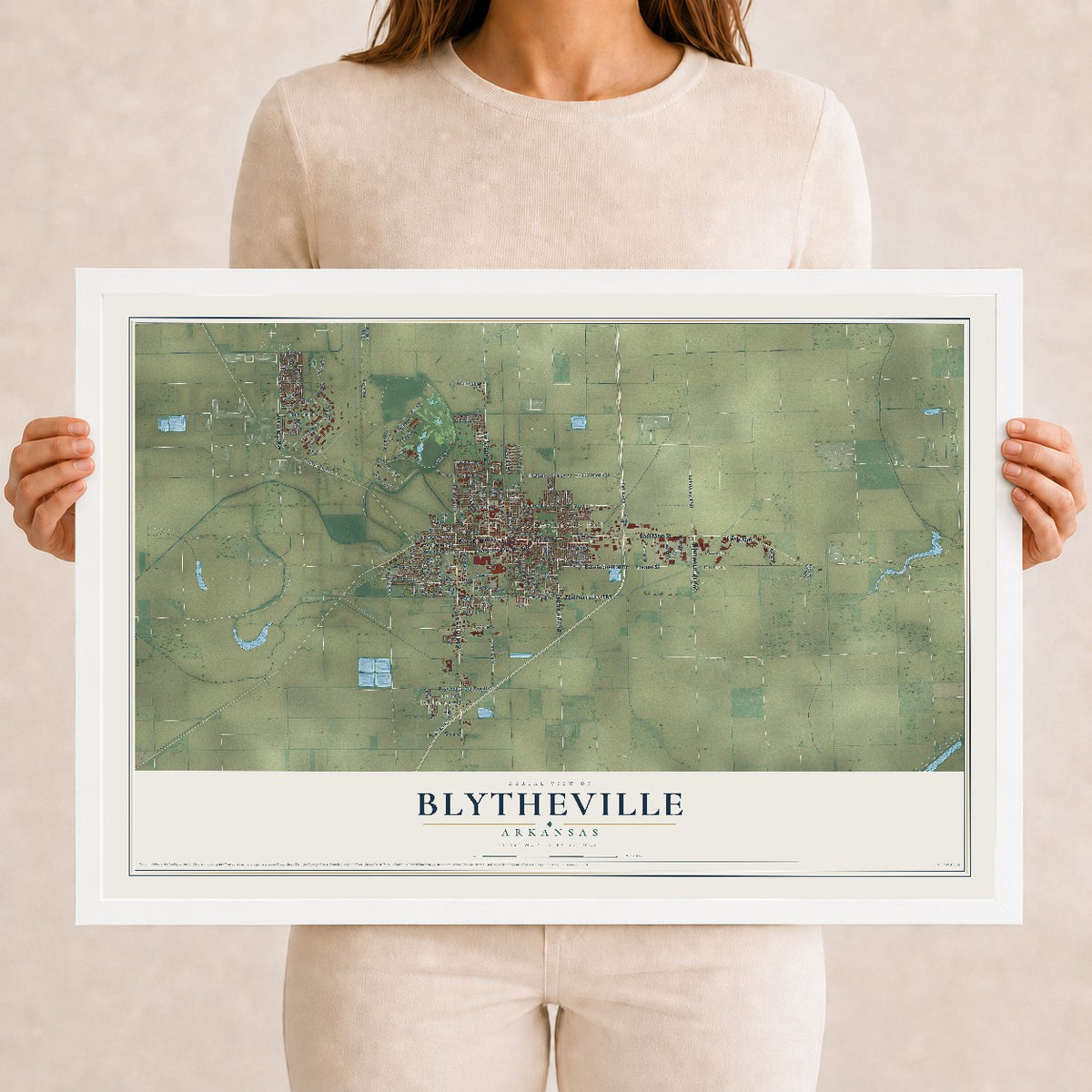Map of Blytheville, Arkansas, 12 x 18 inch print in a white wood frame
