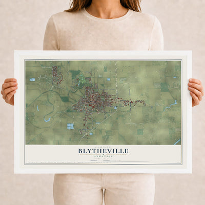 Map of Blytheville, Arkansas, 12 x 18 inch print in a white wood frame