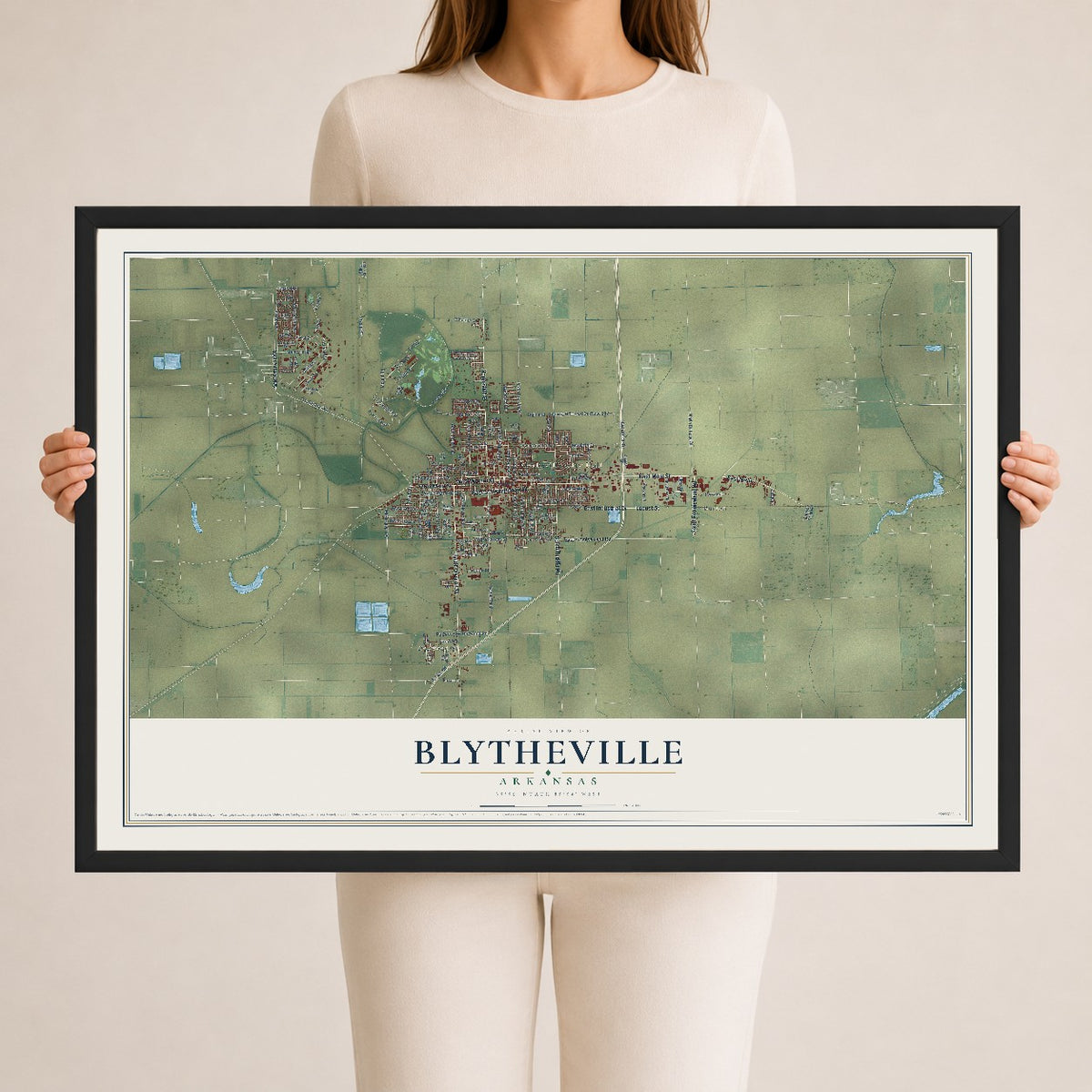 Map of Blytheville, Arkansas, 24 x 36 inch print in a black wood frame