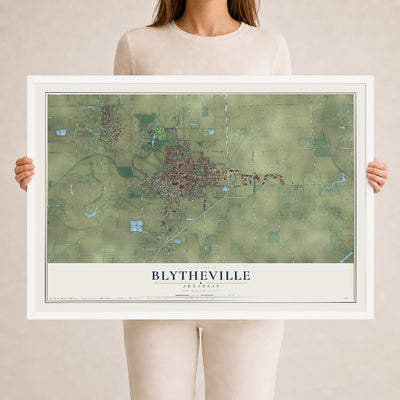 Map of Blytheville, Arkansas, 24 x 36 inch print in a white wood frame