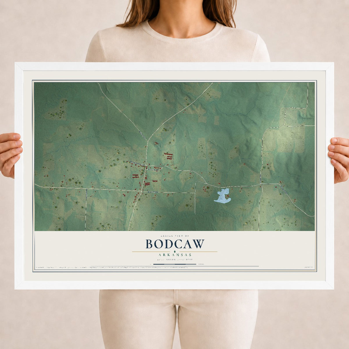 Map of Bodcaw, Arkansas, 18 x 24 inch print in a white wood frame