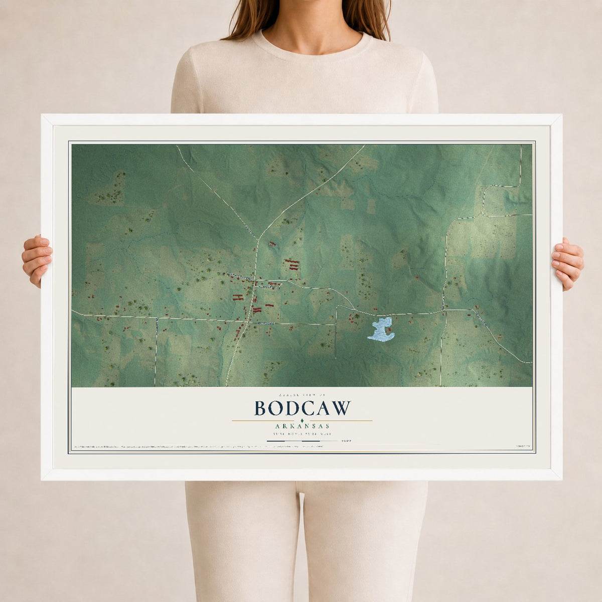 Map of Bodcaw, Arkansas, 24 x 36 inch print in a white wood frame