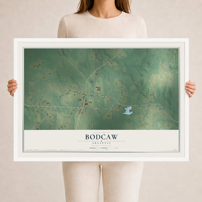 Map of Bodcaw, Arkansas, 24 x 36 inch print in a white wood frame